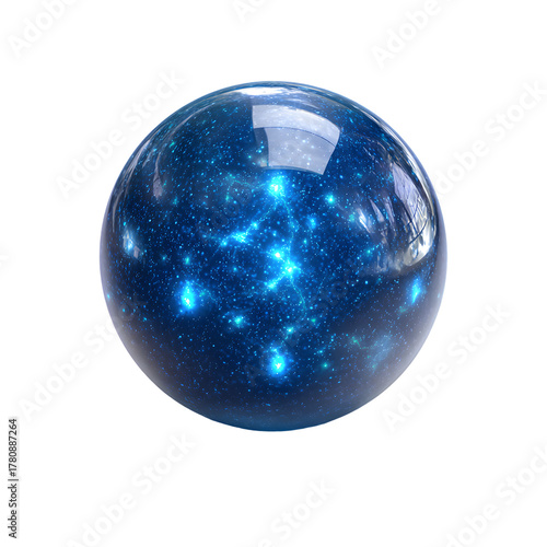 Mystical glass sphere with glowing blue energy. Magic crystal ball or sci-fi orb with a luminous core, isolated on black background. 3D render.