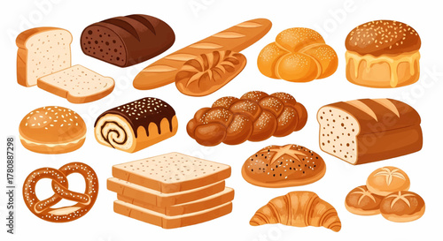 A delicious assortment of fresh bakery bread and pastry products like loaf, baguette, and bun vector illustration