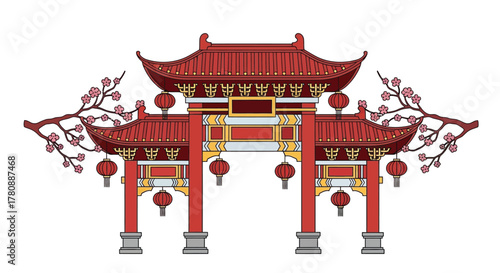 A vibrant illustration of a traditional Chinese gate adorned with lanterns and blossoming branches.