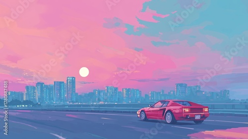 Classic Red Sports Car on a Highway to a Vaporwave City