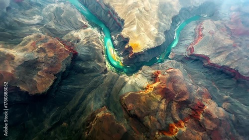 Aerial view of a river flowing through a canyon with a greenish hue, surrounded by multicolored sedimentary rock formations.