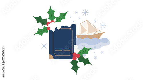 Festive Journey: A whimsical illustration captures the spirit of adventure, featuring a nautical vessel and holly, evoking holiday travels and dreams of exploration.