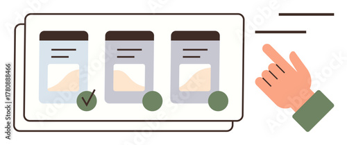 Hand pointing at one of three cards with checkmarks and indicators, emphasizing selection or decision-making. Ideal for choice, decision, sorting, management, voting, confirmation, interface design