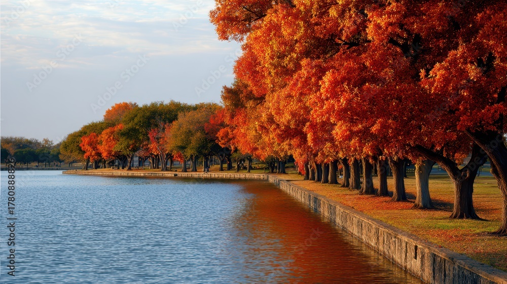 Obraz premium White Rock Lake Dallas Water Feature: Tranquil River Landscape with Autumn Trees
