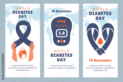 World Diabetes Day. Set of posters with glucometer and blue ribbon. Awareness of Diabete. Unity, prevention and global health concept. Vector illustration