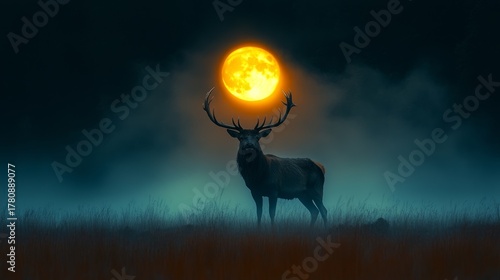 A powerful stag stands proudly beneath a luminous full moon, creating a captivating and mystical atmosphere