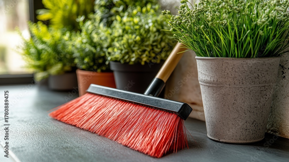 Fototapeta premium A bright broom by lush greenery enhances the fresh, clean indoor vibe of spring