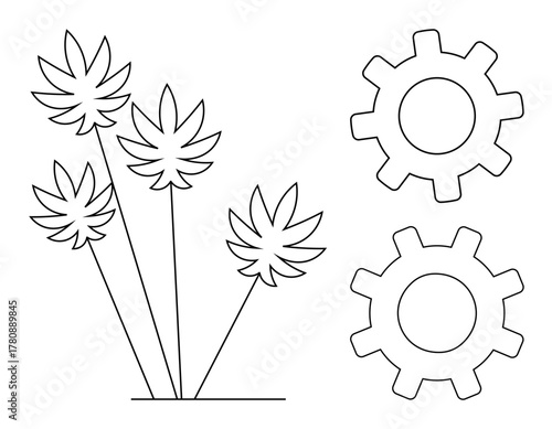 Tall plants with spiked leaves standing next to two mechanical gears. Ideal for sustainability, innovation, eco-tech, energy, industry, nature balance, and growth themes. A simple flat metaphor