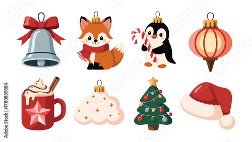 Holiday Ornaments Collection: Capturing the essence of the festive season with a delightful assortment of holiday ornaments. Showcasing a charming bell, fox, penguin, lantern, hot chocolate, cloud.