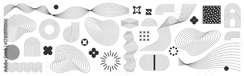 Set of geometric shapes. Halftone line elements design, elements for web, wavy, advertisement, commercial banner, poster, leaflet, billboard, sale. Collection trendy halftone vector geometric shapes.