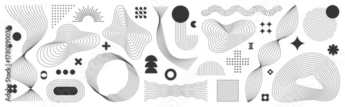 Set of geometric shapes. Halftone line elements design, elements for web, wavy, advertisement, commercial banner, poster, leaflet, billboard, sale. Collection trendy halftone vector geometric shapes.