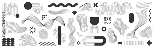 Set of geometric shapes. Halftone line elements design, elements for web, wavy, advertisement, commercial banner, poster, leaflet, billboard, sale. Collection trendy halftone vector geometric shapes.