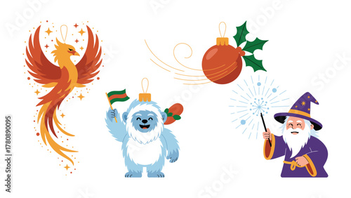 Festive ornaments: A delightful collection of holiday ornaments, featuring a phoenix, a festive bauble with holly, a friendly yeti, and a whimsical wizard, capturing the spirit of celebration and joy.