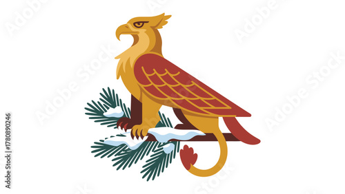 Mythical Gryphon on Branch: A majestic gryphon perches regally upon a snow-kissed evergreen branch, its golden and crimson feathers gleaming. The artwork showcases mythological creature.