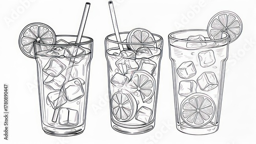 Three refreshing lemonade glasses with ice and lemon slices, hand-drawn sketch.