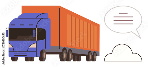 Cargo truck driving forward with a speech bubble and cloud. Ideal for logistics, transportation, supply chain, delivery management, cloud computing, communication, and service technology. Clean flat