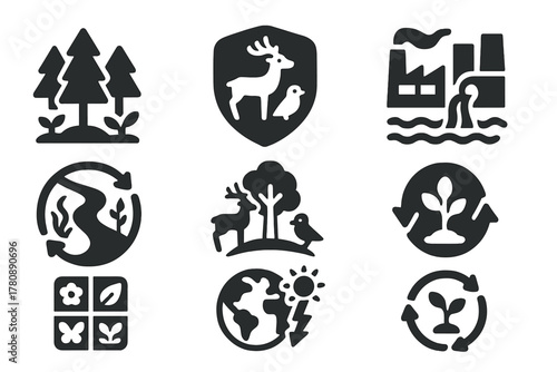 Ecological Simulation Icons. Solid style icons of ecological simulations: forest growth sim icon, wildlife behavior badge,