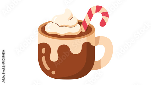 Cozy Cocoa Delight: A charming illustration depicts a comforting mug of cocoa, topped with whipped cream and a candy cane, inviting warmth and sweet indulgence.