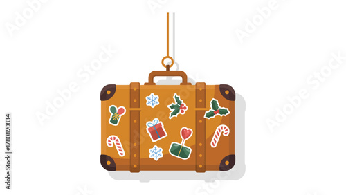 Journey's Festive Treasures: A vintage suitcase adorned with holiday stickers hangs gracefully, hinting at travels filled with festive cheer and cherished memories.