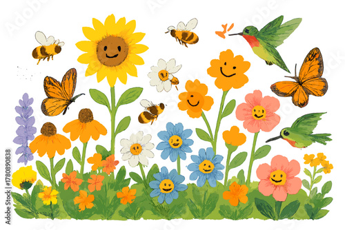 Pollinator Meadow Harmony. Pollinator meadow with bees, butterflies, and hummingbirds working together among smiling blossoms No