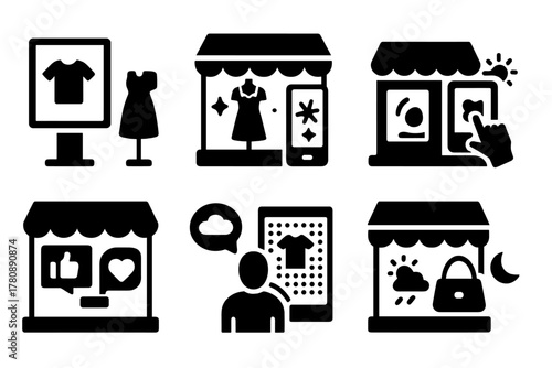 Digital Storefront Icons. Solid style icons of digital storefronts: digital signage with clothes, smart window display,