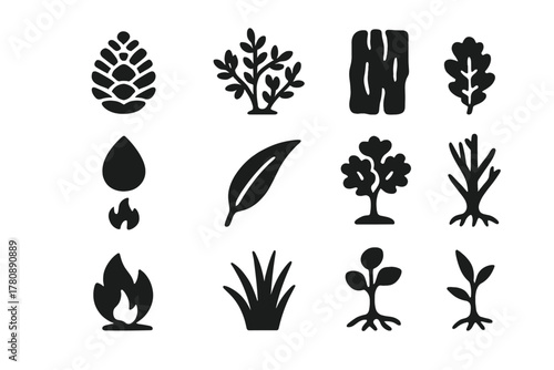 Fire-Adapted Flora Icons. Solid style icons of Fire-adapted flora: pine cone, chaparral shrub, resinous bark, fire-resistant seed,