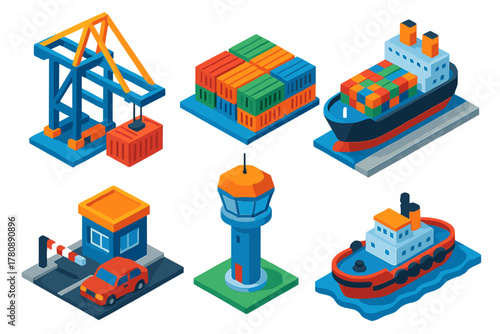 Port Management Icons. Isometric vector illustration set Port Management: shipping cranes, container yard, docked cargo vessel,