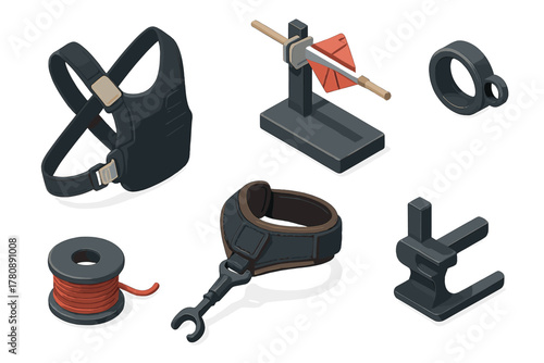 Archery Gear Illustration. Isometric vector illustration set Archery gear: chest guard with strap, arrow fletching jig, peep sight