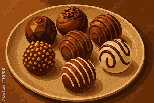 Gourmet Chocolate Truffles. Close-up of vector illustration gourmet chocolate truffles arranged on a textured plate, rich and