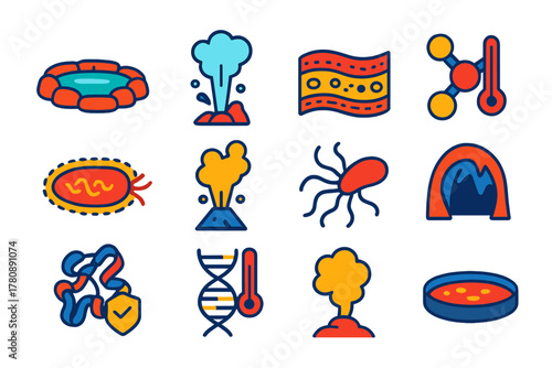 Thermophile Icon Set. Flat vector icons of thermophiles: hot spring pool, boiling geyser, microbial mat, heat-resistant enzyme,