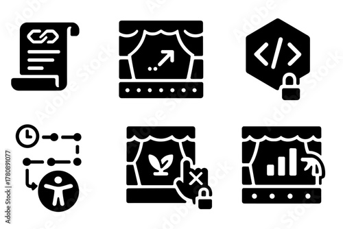 Smart Contract Icons. Solid style icons of celebration and community: high five with bow icon, blindfold team badge, group photo
