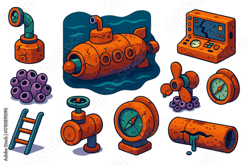 Abandoned Submarine Icons. Isometric vector illustration set Abandoned Submarine: cracked periscope, rusted metal hull, loaded