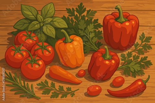 Farm-Fresh Produce Display. Rustic wooden table filled with fresh produce, including tomatoes, peppers, and herbs, warm inviting