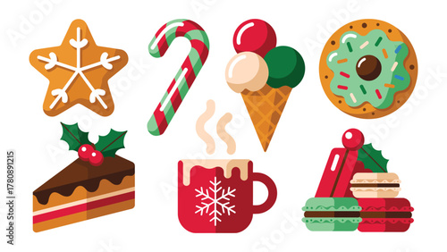 Festive Feast: A delectable assortment of holiday treats, including a gingerbread star, candy cane, ice cream cone, donut, slice of cake, mug of hot chocolate, and macarons.