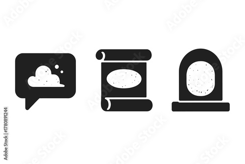 Extinct Slogan Icons. Solid style icons of interactive dark web installations: motion trigger wall, viewer-controlled display,
