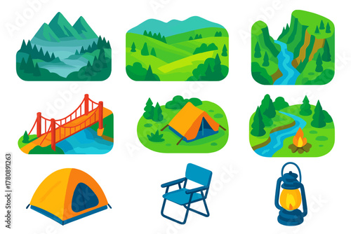 Mountain Adventure Icons. Isometric vector illustration set Mountain landscapes – misty valley, rolling foothills, river gorge;