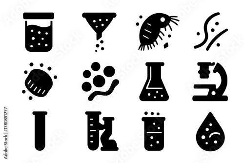 Microplastic Pollution Icons. Solid style icons of Microplastic Pollution: Water Sample, Filter, Plastic Fragment, Zooplankton,