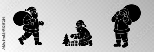Santa Claus png with a big gift sack walking in snowy forest surrounded by Christmas trees, isolated on transparent background, space for holiday sale text, luxury New Year card vector