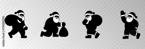 Santa Claus png with a big gift sack walking in snowy forest surrounded by Christmas trees, isolated on transparent background, space for holiday sale text, luxury New Year card vector