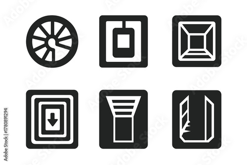 Stairwell and Shaft Icons. Line style icons of geothermal drilling equipment: drill rig, drill bit icon, borehole cross-section,