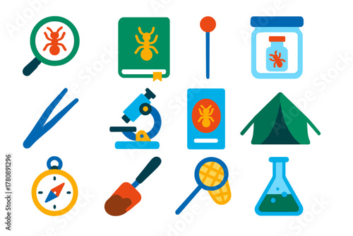 Myrmecology Research Icons. Flat vector icons of myrmecology research: magnifying glass with ant, field notebook, insect pin,