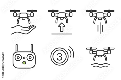 Drone Launch Icons. Line style icons of drone launch and takeoff: arming sequence icon, throttle lift-off, vertical boost pose,