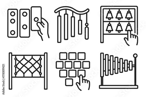 Modular Sound Sculptures. Solid style icons of unconscious bias in decision-making: blindfolded brain icon, bias radar symbol,
