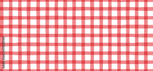  Seamless red and white gingham check pattern. Classic picnic tablecloth texture, Italian pizzeria fabric, retro basket napkin, vintage textile, wrapping paper and vector background
