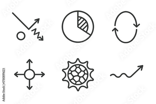 Fusion Energy Icons. Line style icons of Fusion Energy Transport: photon bounce, radiative zone diagram, convective current arrow,