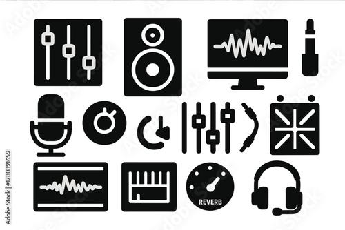Technical Recording Icons. Solid style icons of technical recording skills: audio mixer, studio monitor, waveform display,