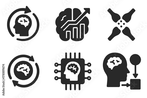 Neuro Feedback Icons. Solid style icons of feedback and learning: neural feedback path, brain with growth chart, learning synapse