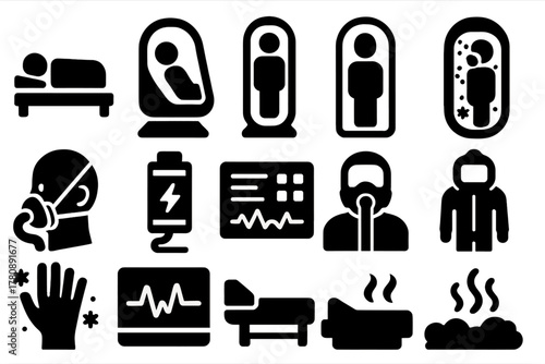 Human Stasis Icons. Solid style icons of Human Stasis: Sleeping Patient, Cryo Chamber, Transparent Capsule, Frosted Glass,