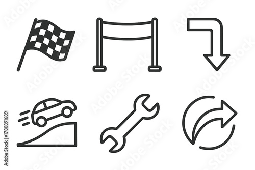 Race Event Icons. Line style icons of race events and actions: start flag, finish line, sharp turn symbol, jump icon, pit stop