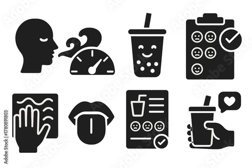 Sensory Testing Icons. Solid style icons of sensory testing and feedback: aroma puff icon, taste meter gauge, satisfaction scale.